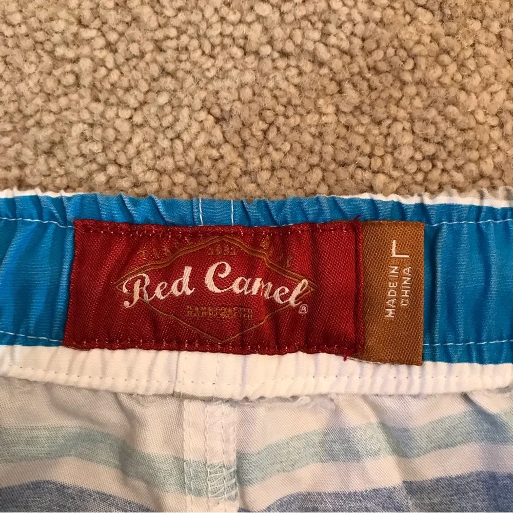 Red Camel Mens Swim Trunks Swimwear Size Large 34 36 Blue White Stripe Altered